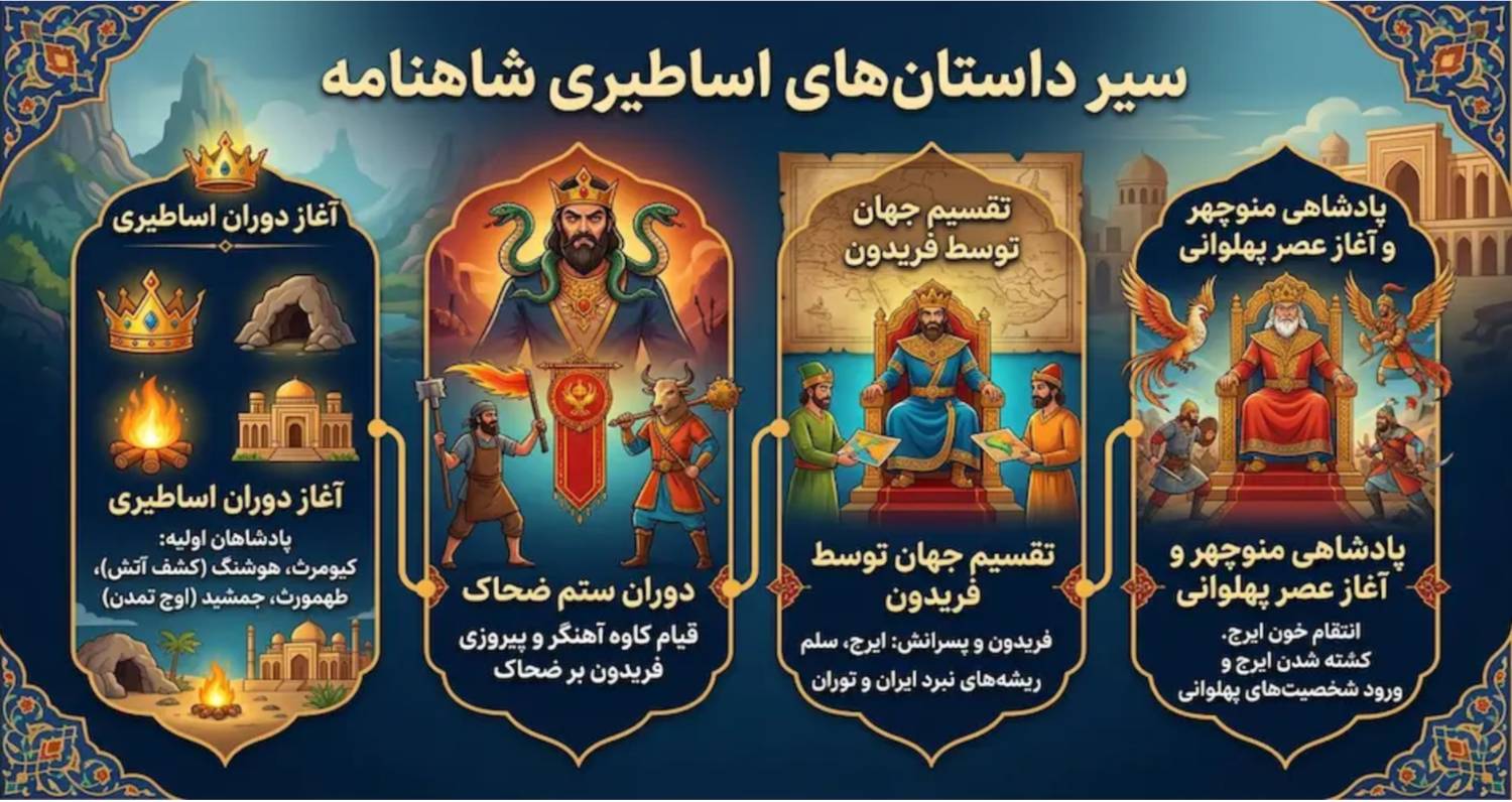 داستان‌های اساطیری شاهنامه به ترتیب