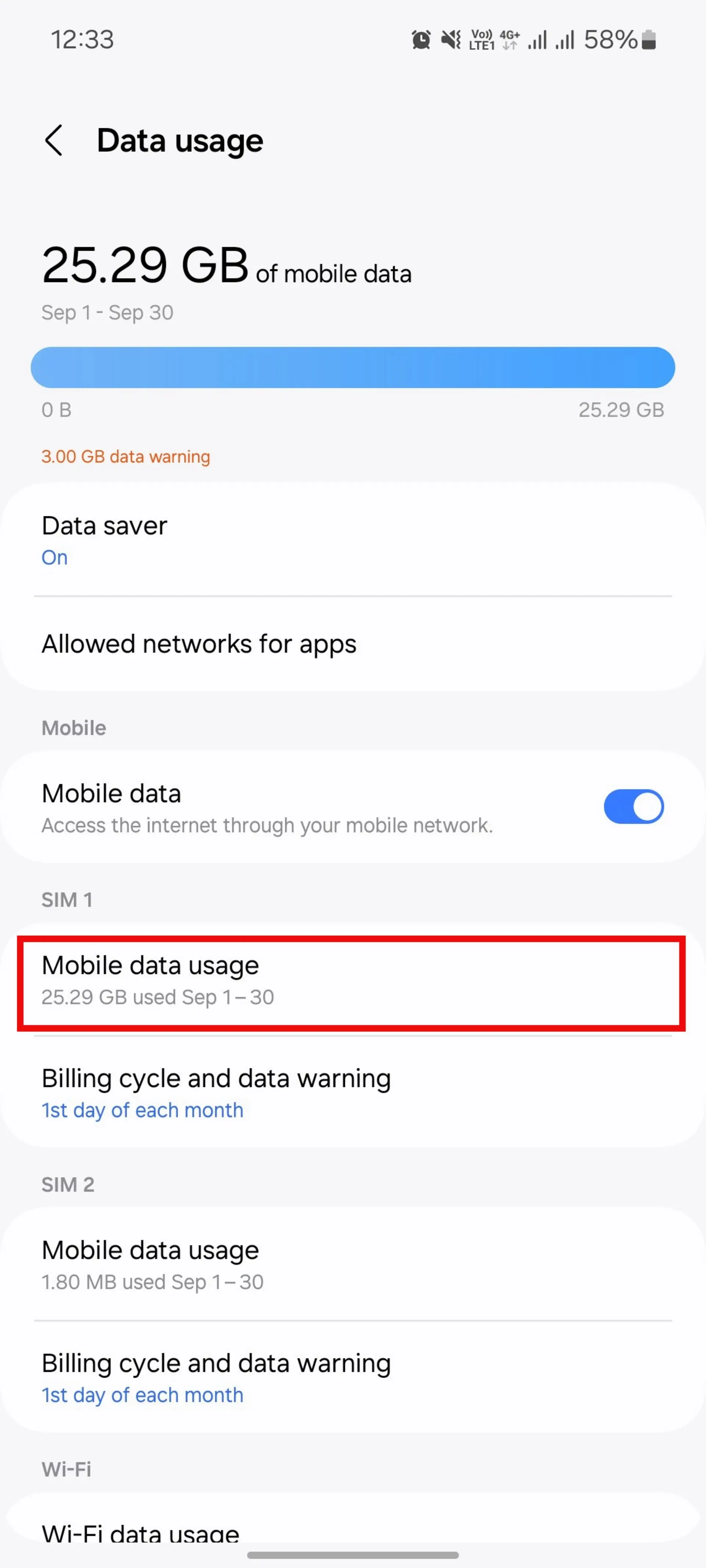 منوی Data usage