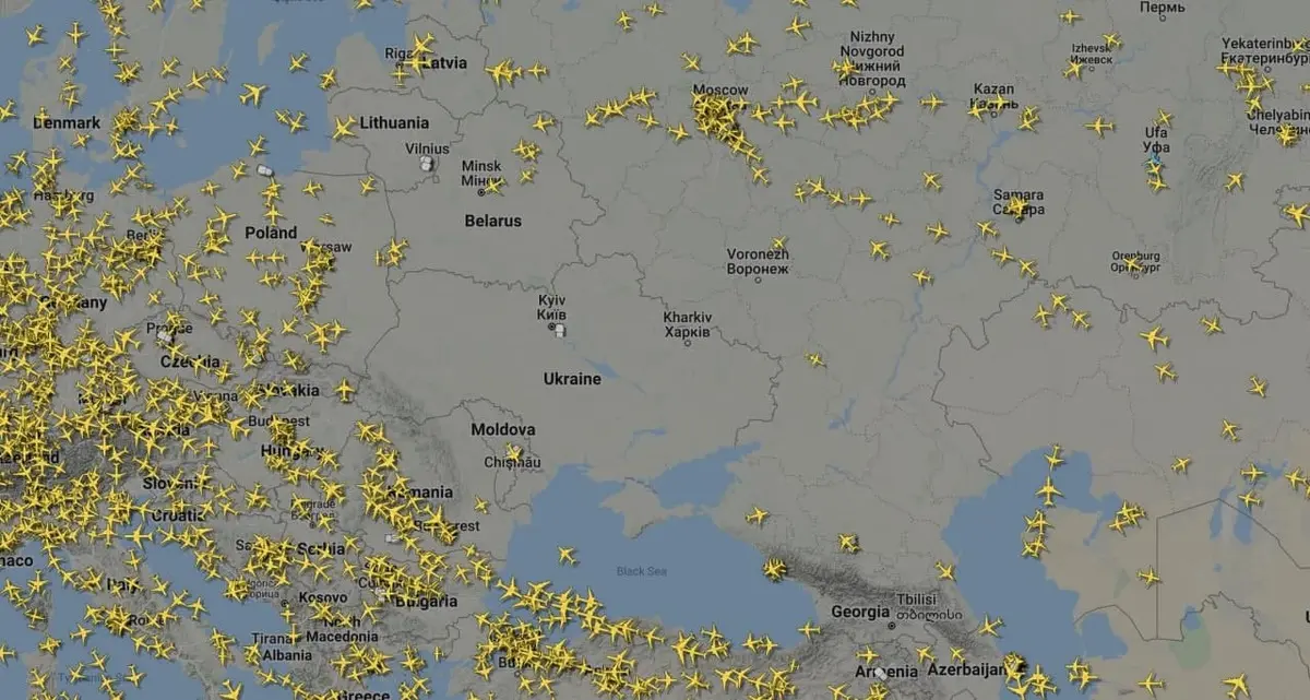 تصویری از وضعیت پروازهای بین المللی بر فراز روسیه و اوکراین