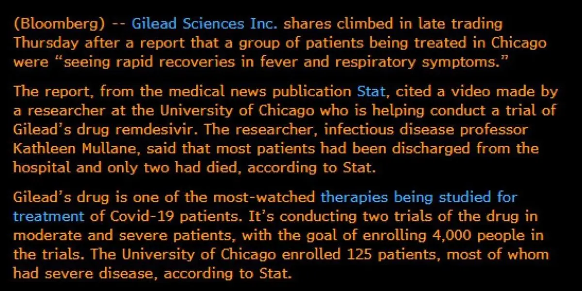 شرکت Gilead را بر روى بیماران کرونا تست کرده اند و اثرات بهبود فورى در بیماران را مشاهده کرده اند