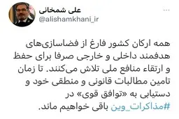 توئیت شمخانی در خصوص مذاکرات | تا زمان دستیابی به «توافق قوی» در ⁧ مذاکرات وین⁩ باقی خواهیم ماند