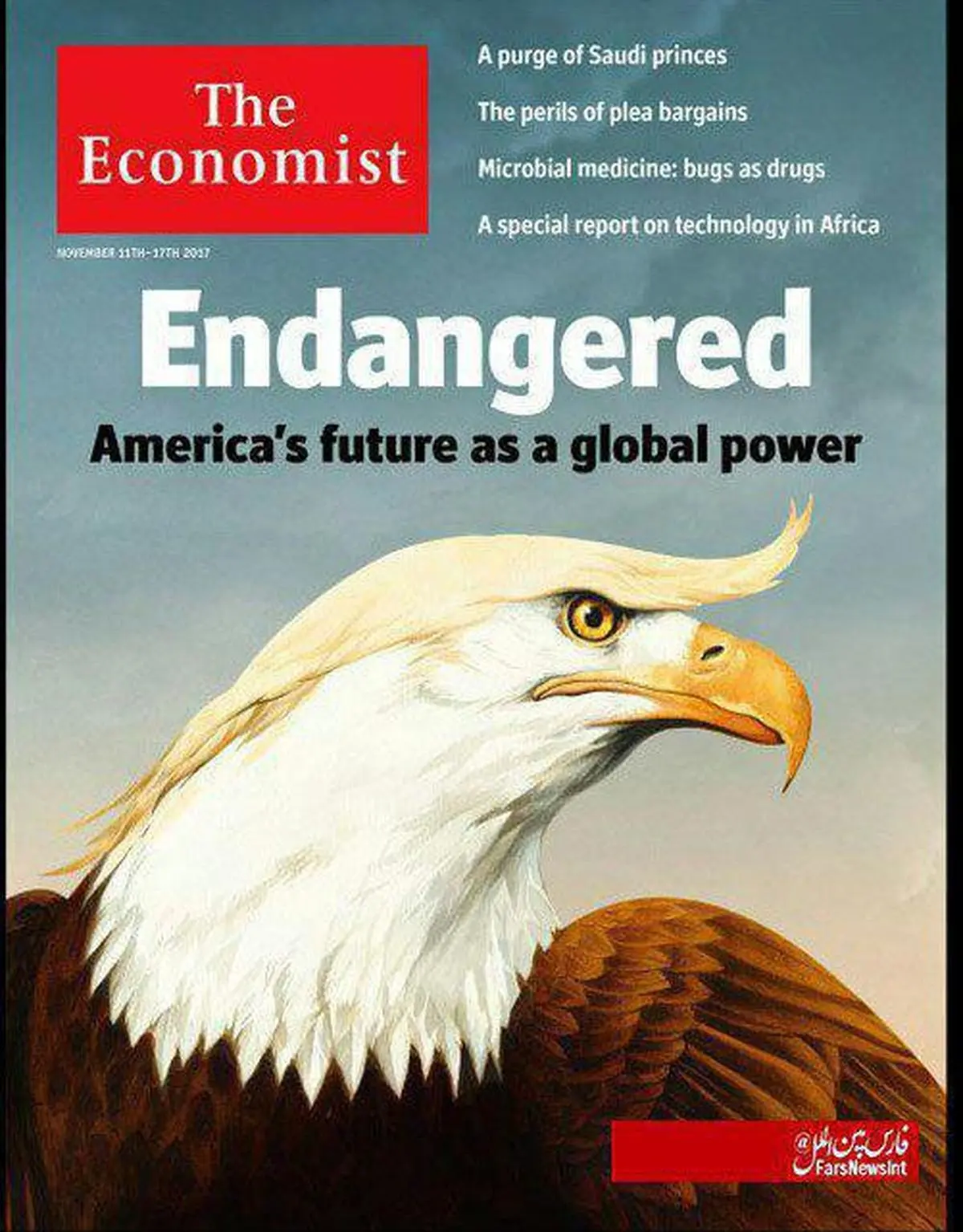 جلد نشریه اکونومیست؛ به خطرافتادن آینده آمریکا به عنوان یک «قدرت جهانی» در عصر ترامپ.