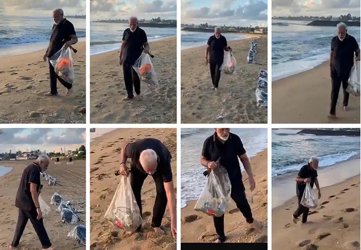 ویدئو : نخست وزیر هند زباله‌های ساحل را جمع‌آوری کرد