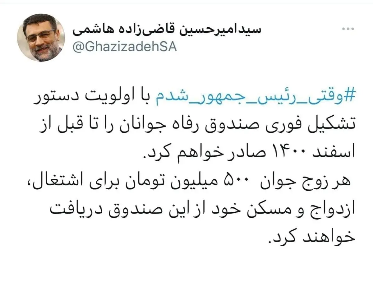 وعده انتخاباتی قاضی زاده هاشمی: به هر زوج 500 میلیون می دهم 
