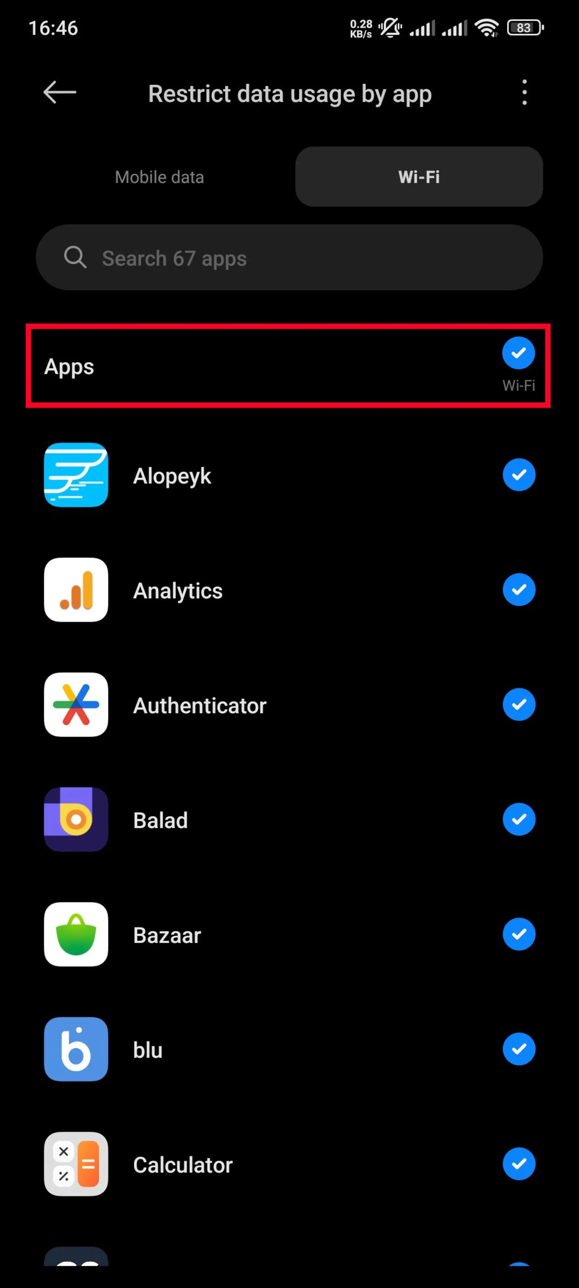 منوی Restrict data usage by app