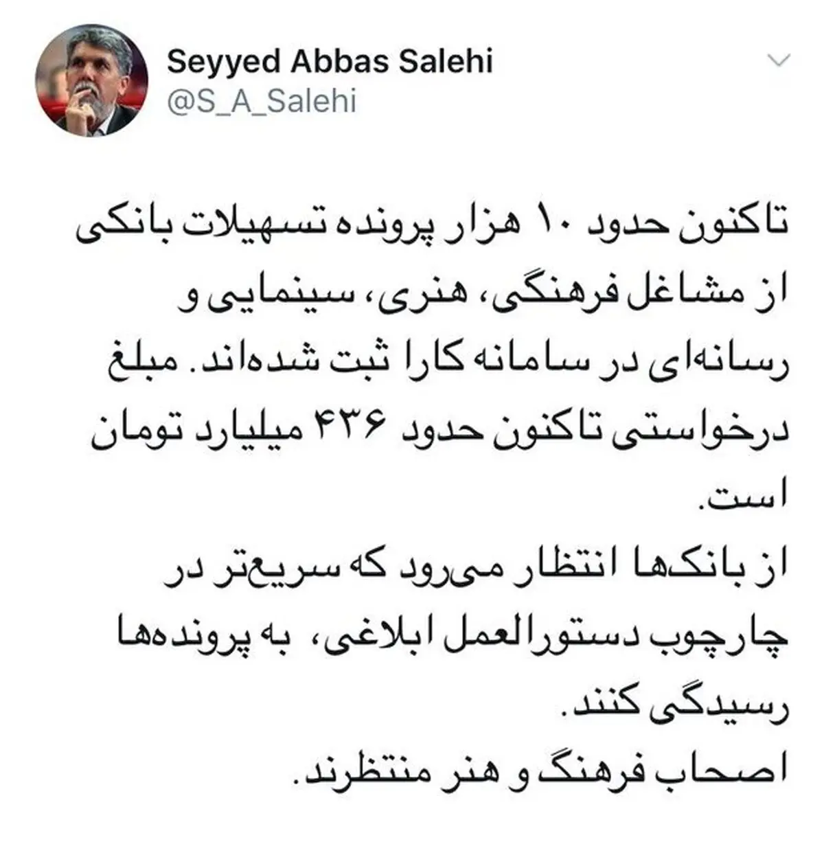 خواسته صالحی درباره تسهیلات بانکی مشاغل فرهنگی
