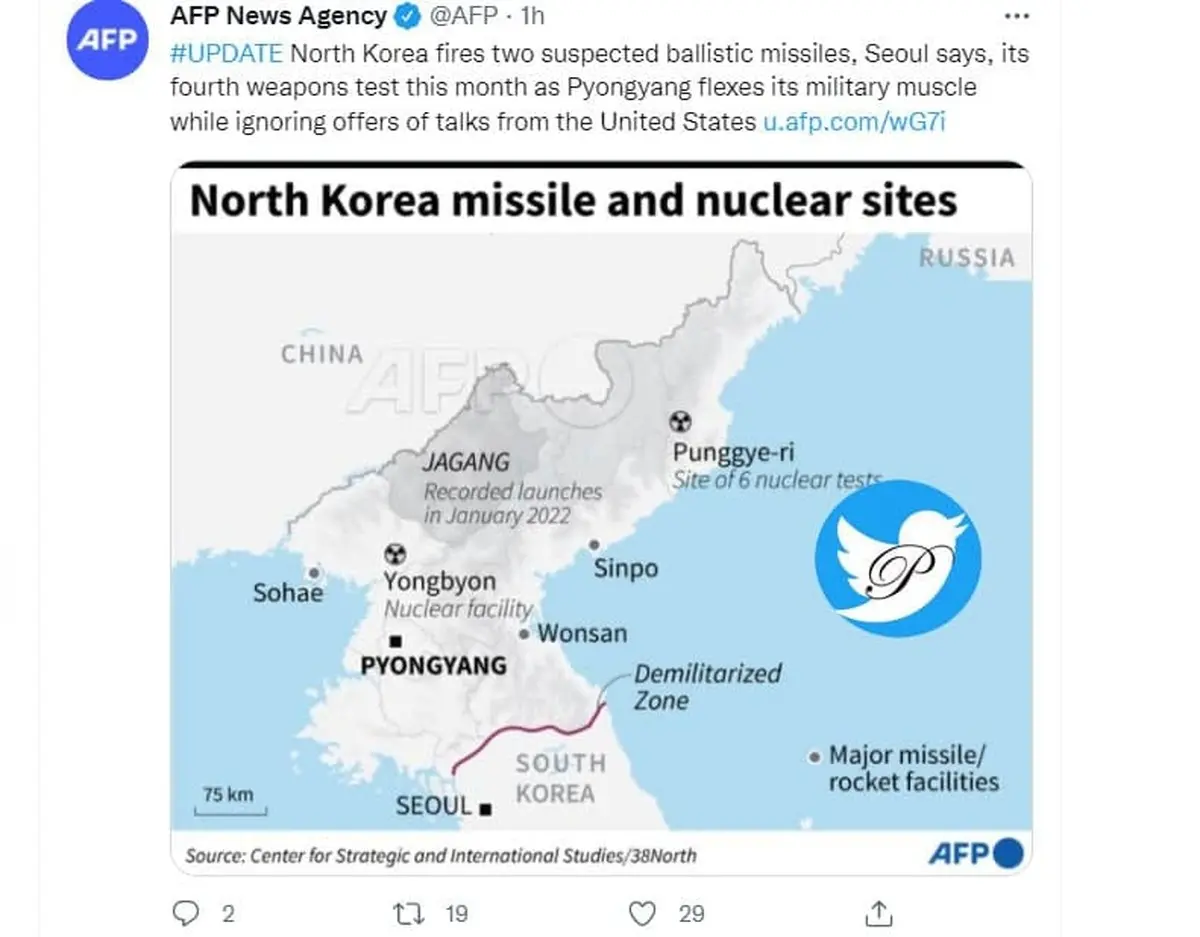 کره شمالی دو موشک بالستیک پرتاب کرد 
