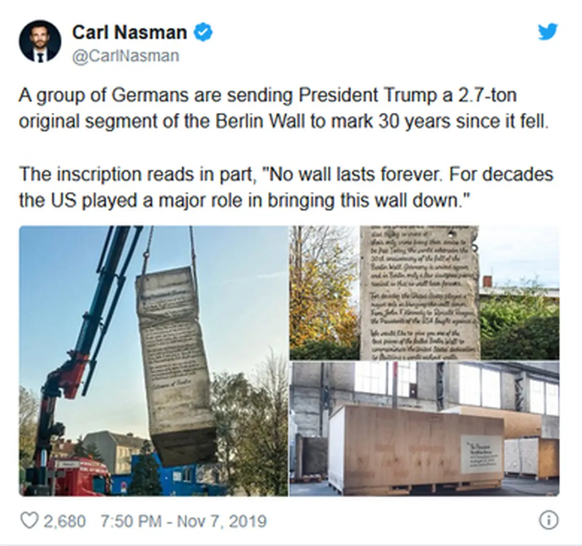 هدیه شهروندان آلمانی به ترامپ فرستاده شد: تکه‌ای 2.7 تنی از دیوار برلین