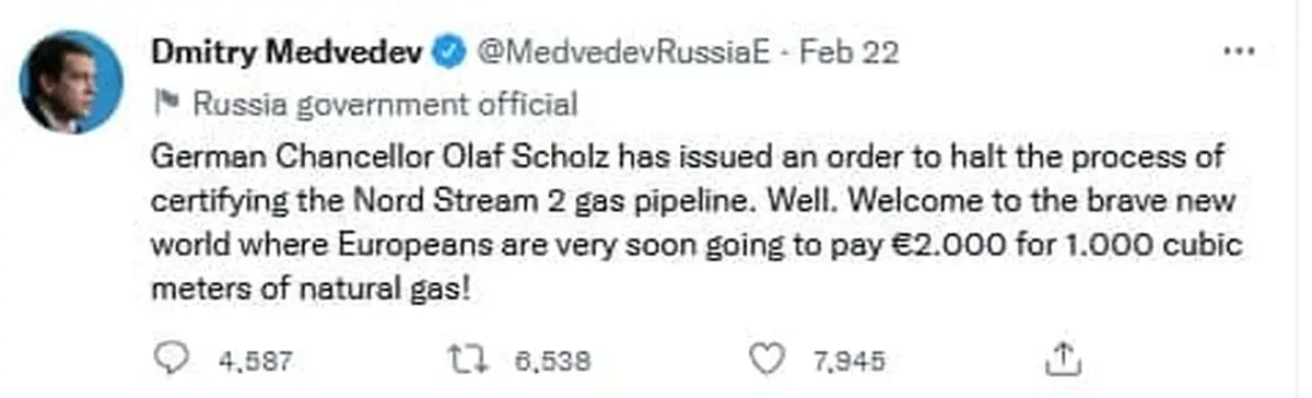 توییت 2 روز پیش "دمیتری مدودف" رییس جمهوری سابق و معاون کنونی شورای امنیت روسیه