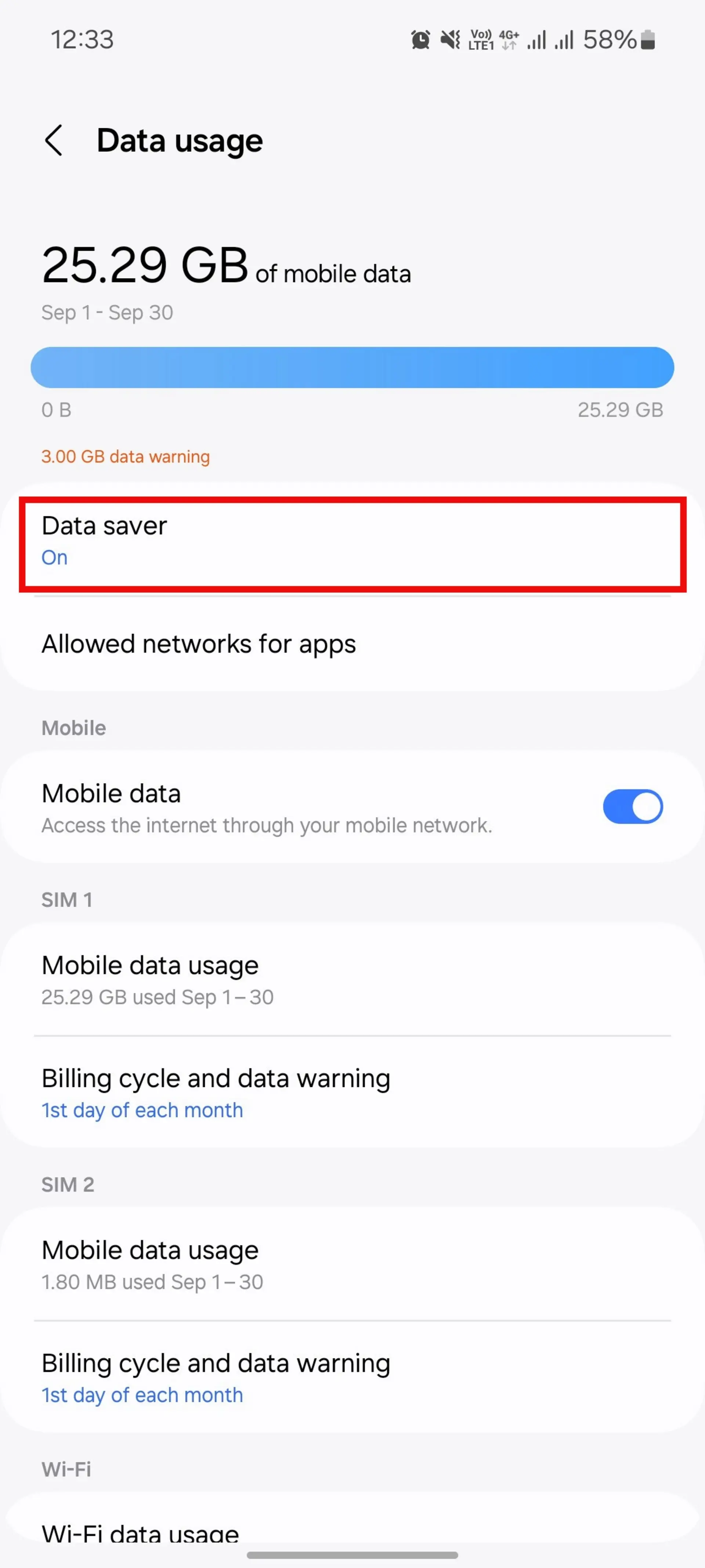 تنظیمات Data usage