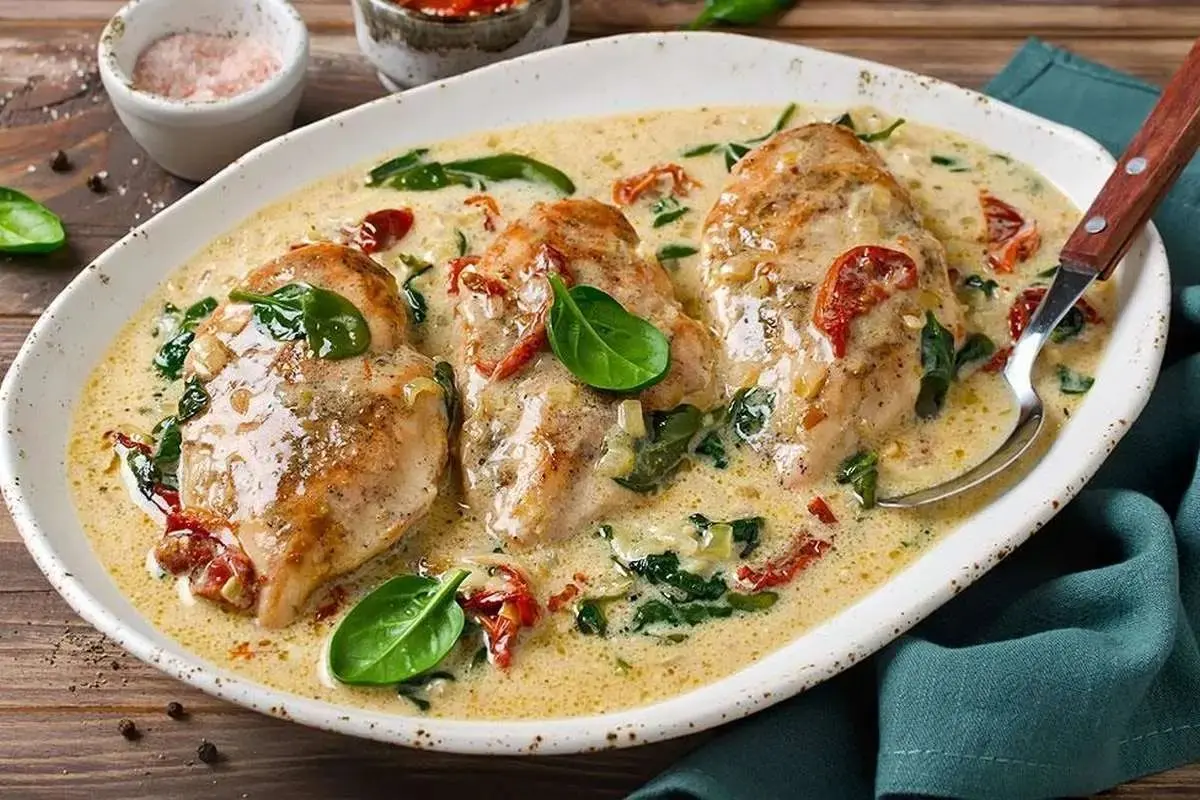طرز تهیه مرغ خامه‌ای با اسفناج | دیگه مرغ تکراری نپز +ویدئو