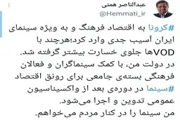 اظهار نظر همتی درباره سینما | بسته‌ جامعی برای ‎سینما در دوره‌ بعد از واکسیناسیون اجرا می‌شود