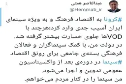 اظهار نظر همتی درباره سینما | بسته‌ جامعی برای ‎سینما در دوره‌ بعد از واکسیناسیون اجرا می‌شود