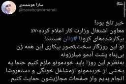 وزارت کار: ۷۰٪ بیکارشده‌های کرونا زنان هستند!| لطفا از مشاغل خانگی حمایت کنید