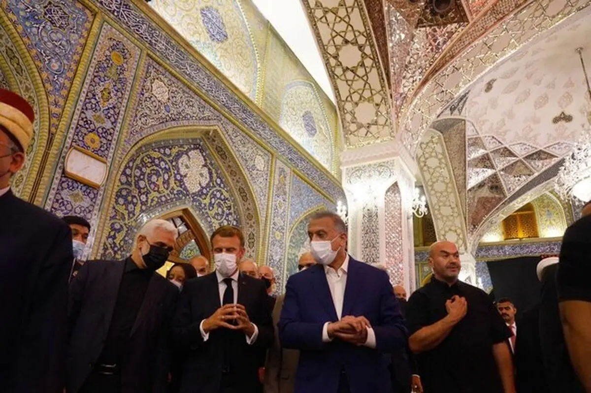 ماکرون به حرمین عسکریین رفت | سفر رئیس جمهور فرانسه به اربیل پس از اجلاس بغداد