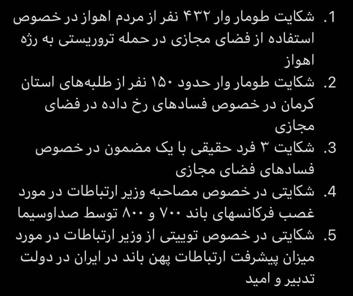 
وزارت ارتباطات: اتهام آذری جهرمی فقط فیلتر نکردن اینستاگرام نیست / شکایت ۱۵۰ طلبه به خاطر فساد‌های فضای مجازی و مصاحبه وزیر درمورد صداوسیما هم از دیگر اتهامات اوست.
