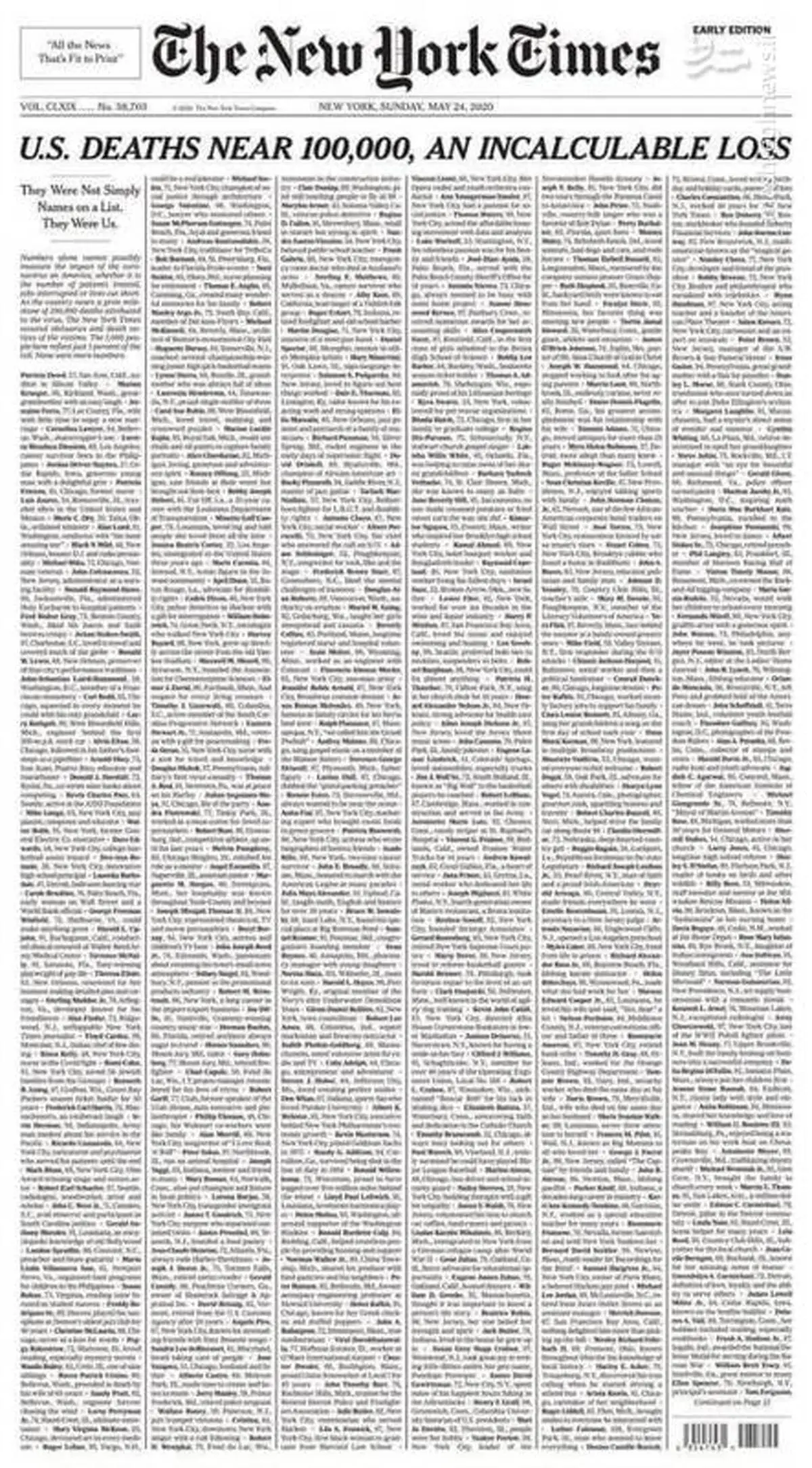 اسامی قربانیان کرونا در آمریکا روی صفحه اول نیویورک تایمز