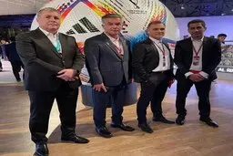 تصویری از اسکوچیچ، استیلی، ماجدی و کامرانی‌فر در سالن محل قرعه کشی جام جهانی 2022 