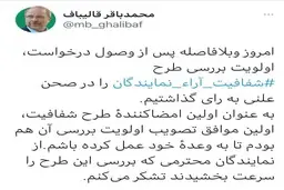 توییت رییس مجلس درباره طرح «شفافیت آرای نمایندگان»