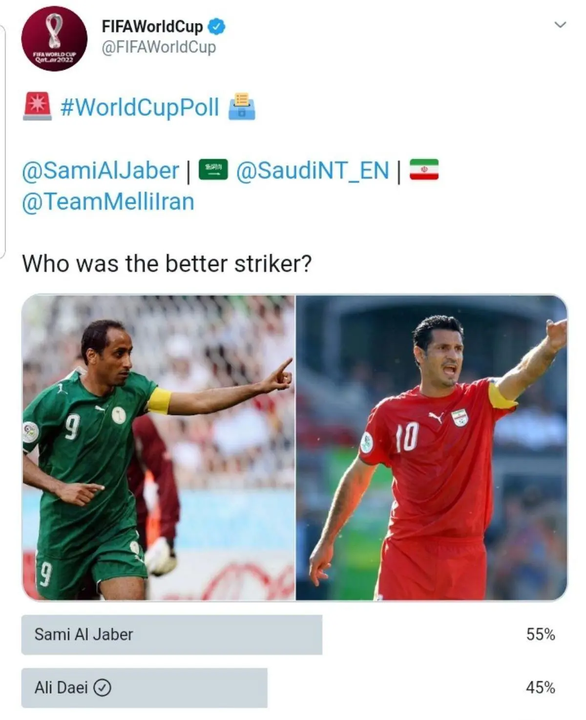 نظرسنجی فیفا برای انتخاب مهاجم برتر بین علی دایی و سامی الجابر