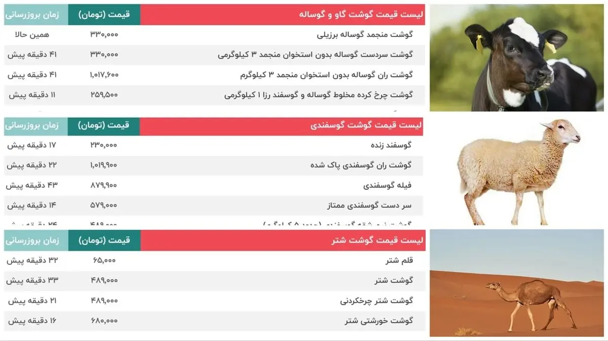 قیمت گوشت گوساله، گاو، گوسفند وشتر بعد از پایان تعطیلات | آخرین قیمت امروز ۱۸ شهریور + جدول