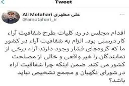 خوشحالی مطهری از عدم رای آوری طرح شفافیت آرا | مطهری از رد طرح شفافیت آرا دفاع کرد