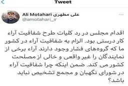 خوشحالی مطهری از عدم رای آوری طرح شفافیت آرا | مطهری از رد طرح شفافیت آرا دفاع کرد